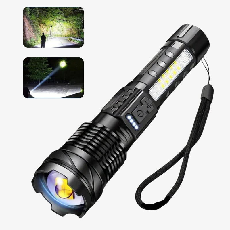 TacticalBeam – Kraftig genopladelig lommelygte med superlys LED og 7 lystilstande