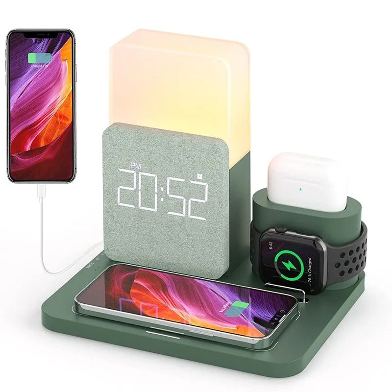 GlowDock - 4 i 1 trådløs oplader med alarm og justerbar lampe