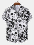 Shane – Skull blomsterprint skjorte med blomstertryk med korte ærmer og knaplukning