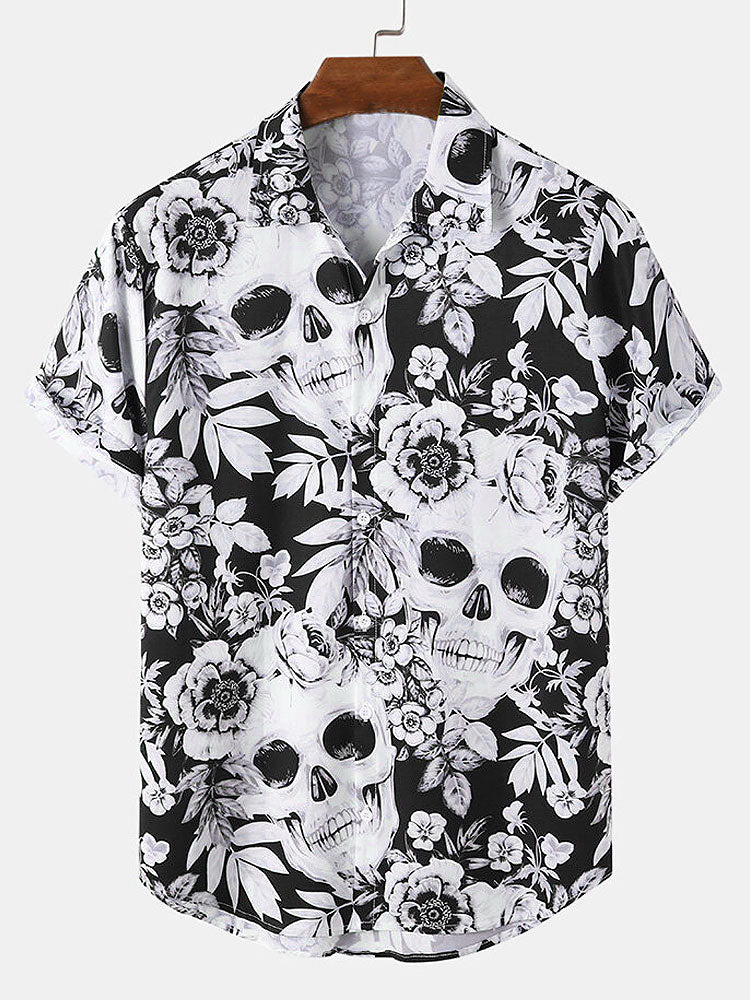 Shane – Skull blomsterprint skjorte med blomstertryk med korte ærmer og knaplukning