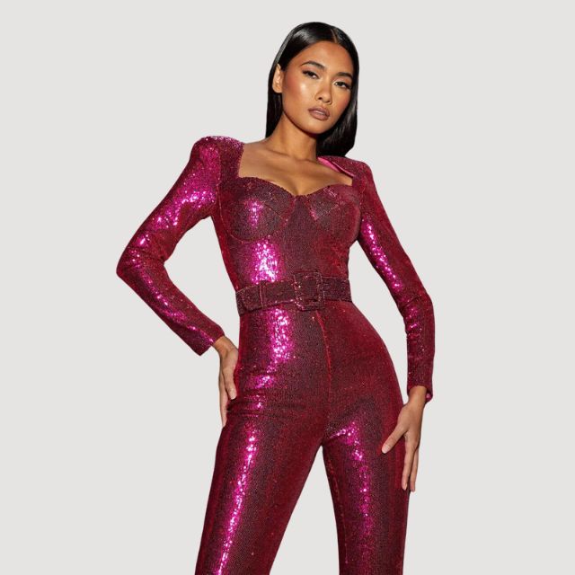 Grace – Jumpsuit med store ben med lange ærmer og talje med bælte