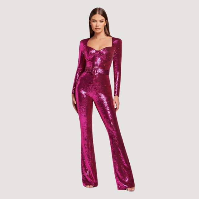Grace – Jumpsuit med store ben med lange ærmer og talje med bælte
