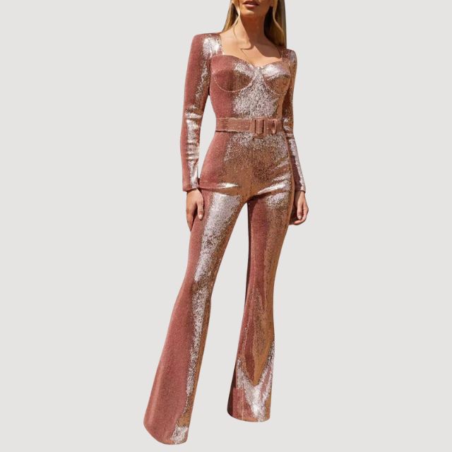 Grace – Jumpsuit med store ben med lange ærmer og talje med bælte