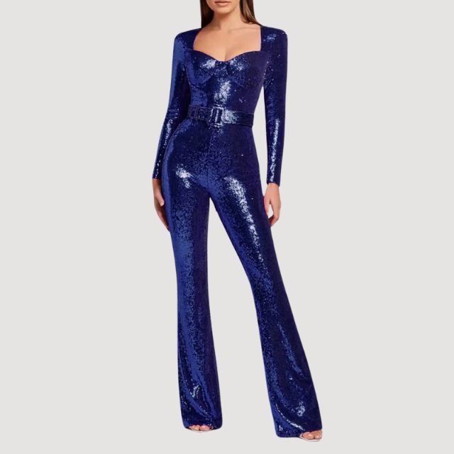 Grace – Jumpsuit med store ben med lange ærmer og talje med bælte