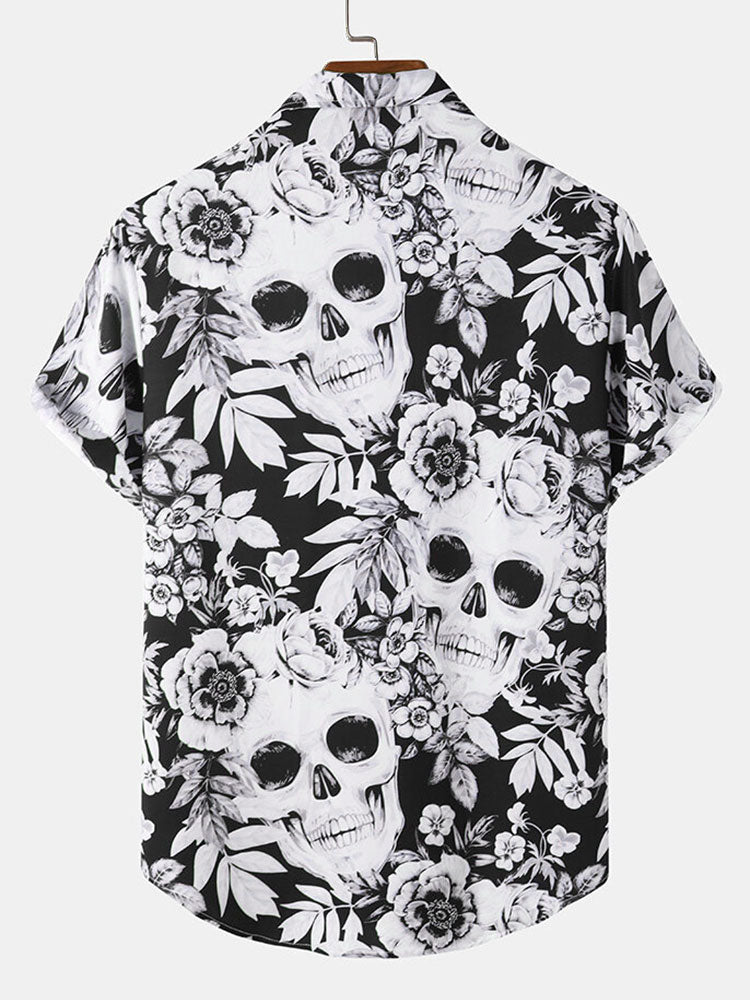 Shane – Skull blomsterprint skjorte med blomstertryk med korte ærmer og knaplukning