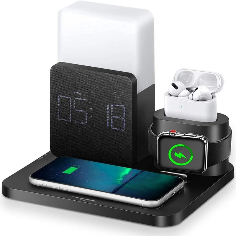 GlowDock - 4 i 1 trådløs oplader med alarm og justerbar lampe