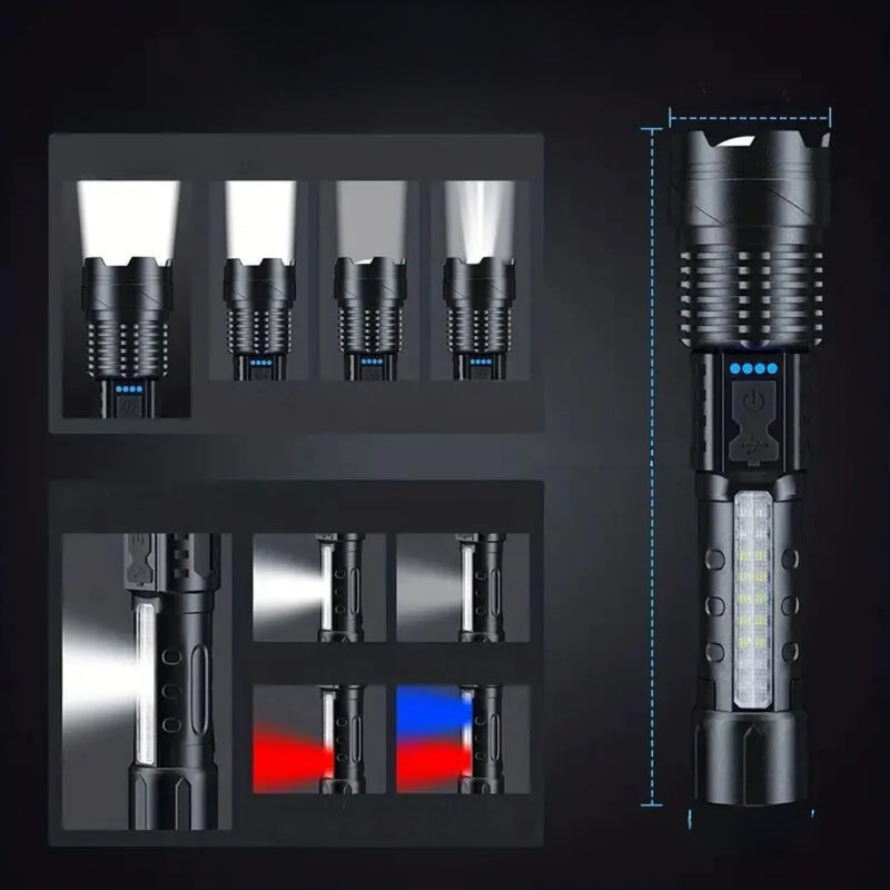 TacticalBeam – Kraftig genopladelig lommelygte med superlys LED og 7 lystilstande
