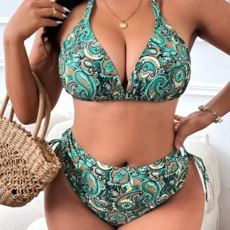 Natalia – Højtaljet bikinisæt med unikt print og justerbare stropper
