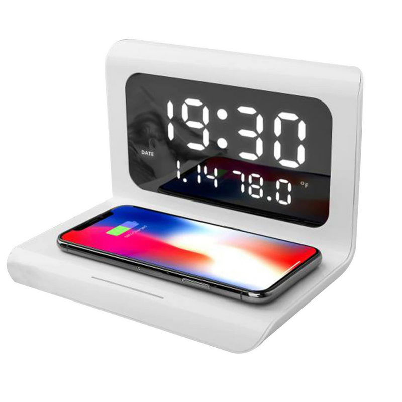 TimeDeck - LED Skrivebordsur Med Kalender Alarm Temperatur Og Trådløs Opladning