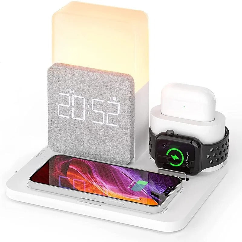 GlowDock - 4 i 1 trådløs oplader med alarm og justerbar lampe