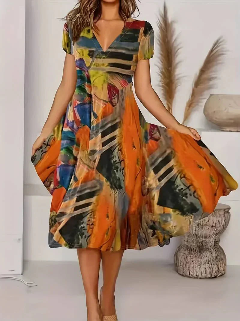 Amelia - Boho kjole med V hals og korte ærmer
