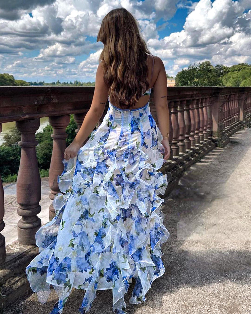 Cheryl - Ærmeløs blomsterkjole med flæser og komfortabelt design