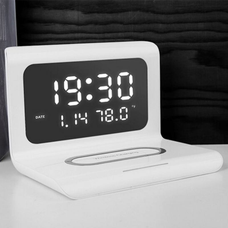 TimeDeck - LED Skrivebordsur Med Kalender Alarm Temperatur Og Trådløs Opladning