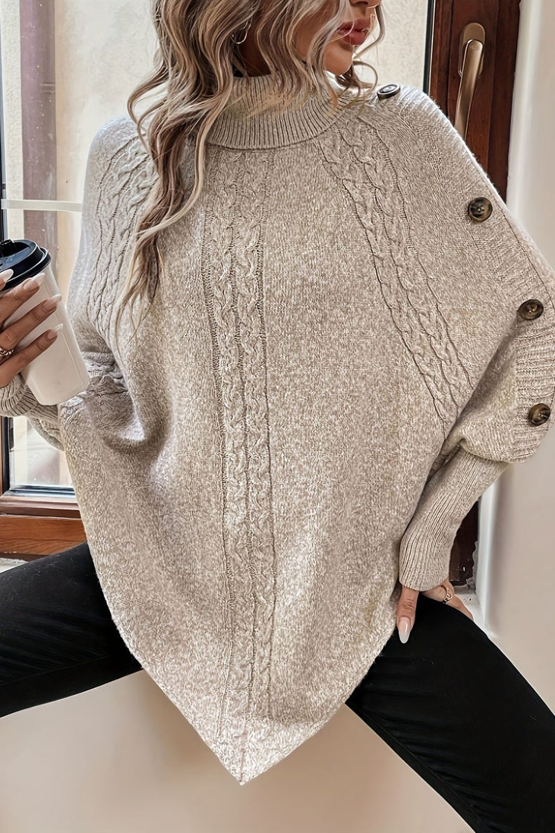 Viola – Hyggelig poncho-trøje med rullekrave og elegante knapdetaljer