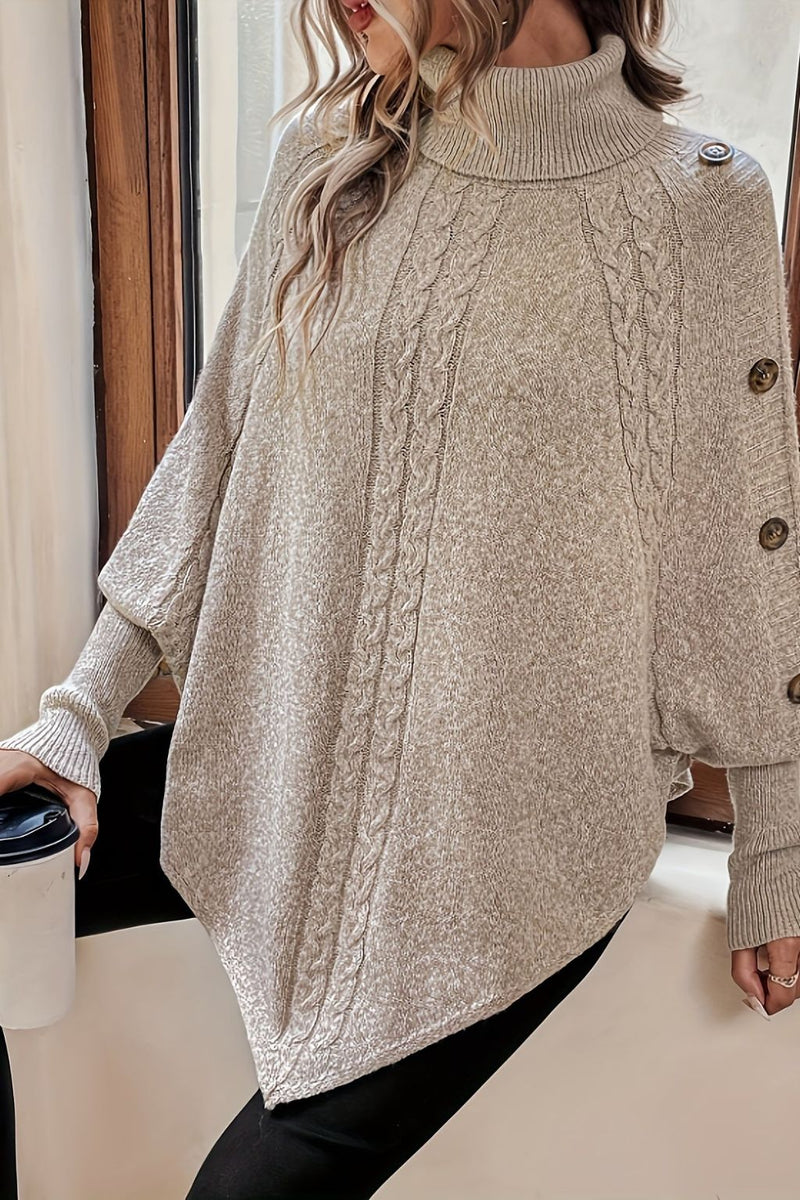 Viola – Hyggelig poncho-trøje med rullekrave og elegante knapdetaljer