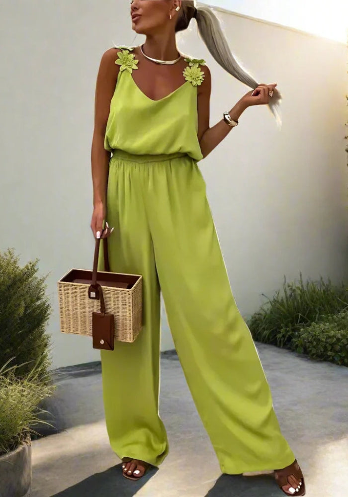 Serena – Jumpsuit uden ærmer med brede ben med åben ryg og justerbare stropper