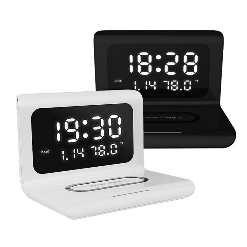TimeDeck - LED Skrivebordsur Med Kalender Alarm Temperatur Og Trådløs Opladning
