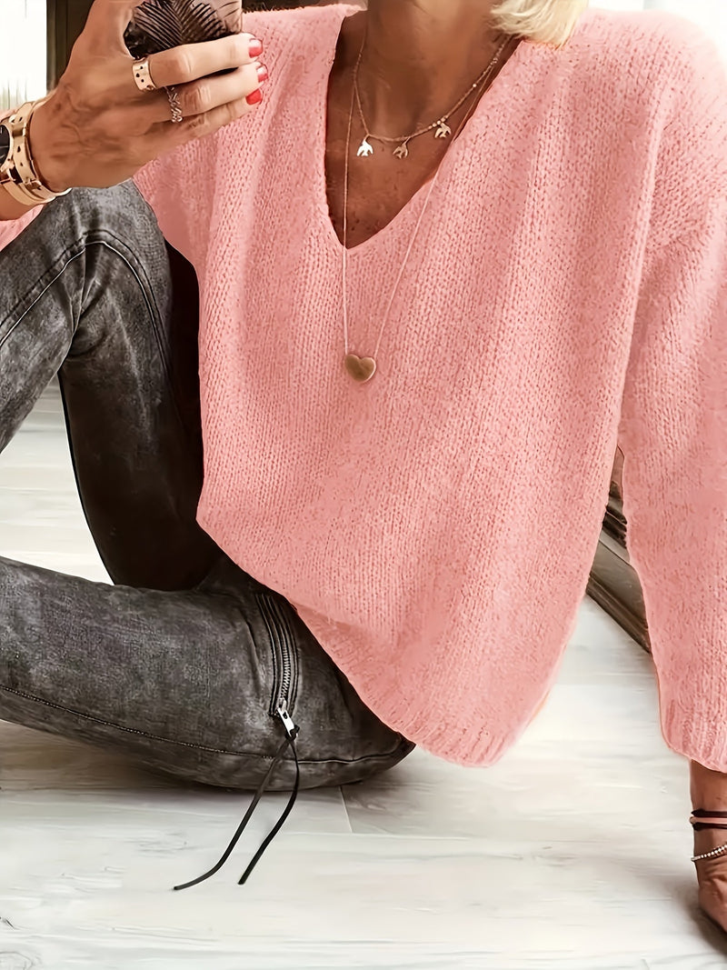 Uma - Hyggelig Dyb V-Hals Sweater med Lange ærmer