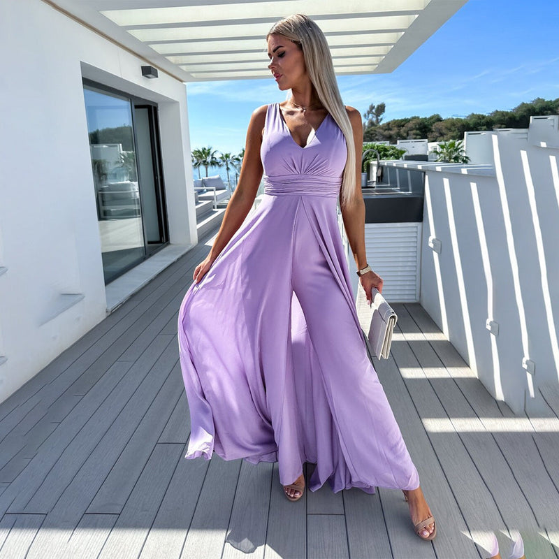 Amelia – Jumpsuit uden ærmer med V hals og talje med bælte