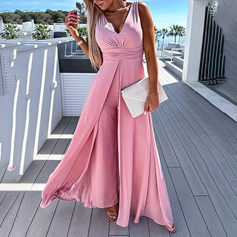 Amelia – Jumpsuit uden ærmer med V hals og talje med bælte