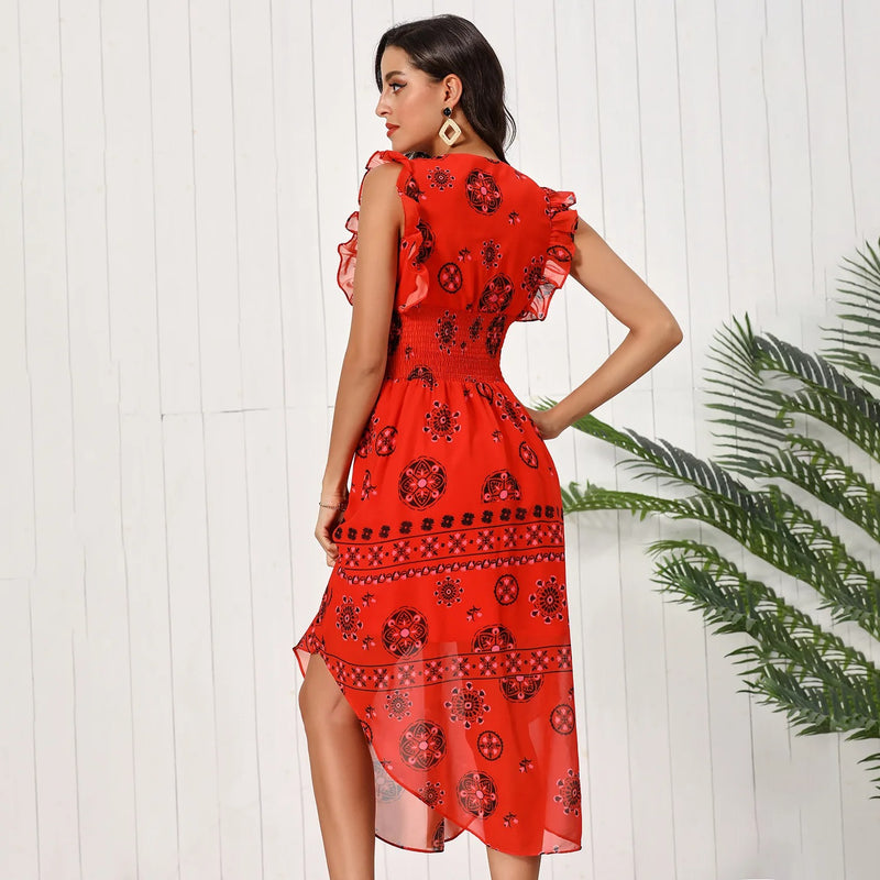 Katherine – Ruffle Midi kjole med ærmeløs og V hals design