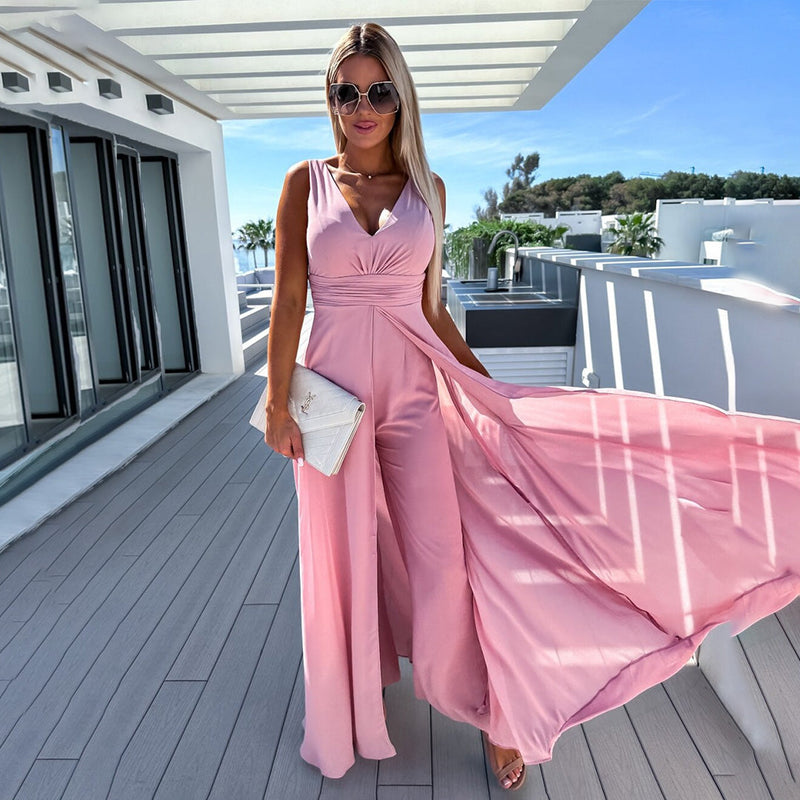 Amelia – Jumpsuit uden ærmer med V hals og talje med bælte