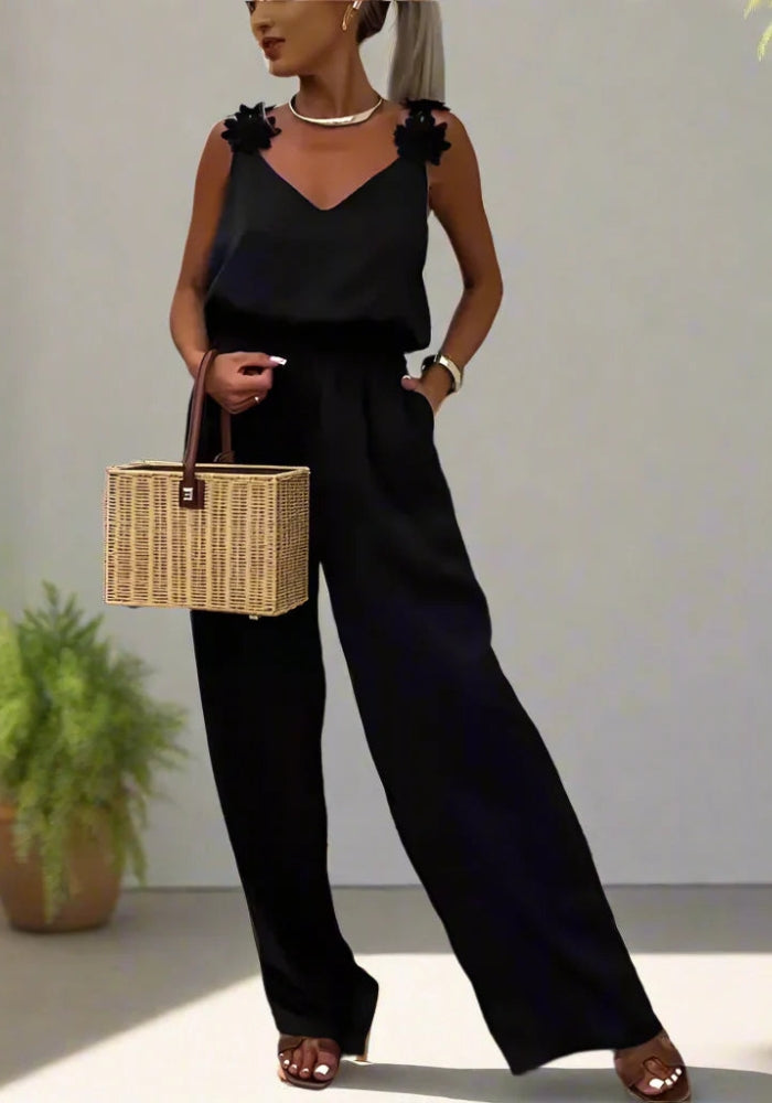 Serena – Jumpsuit uden ærmer med brede ben med åben ryg og justerbare stropper