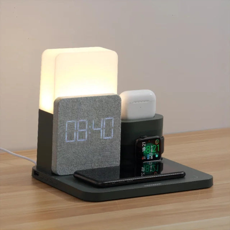 GlowDock - 4 i 1 trådløs oplader med alarm og justerbar lampe