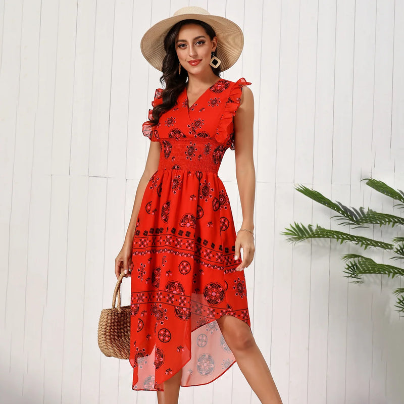 Katherine – Ruffle Midi kjole med ærmeløs og V hals design