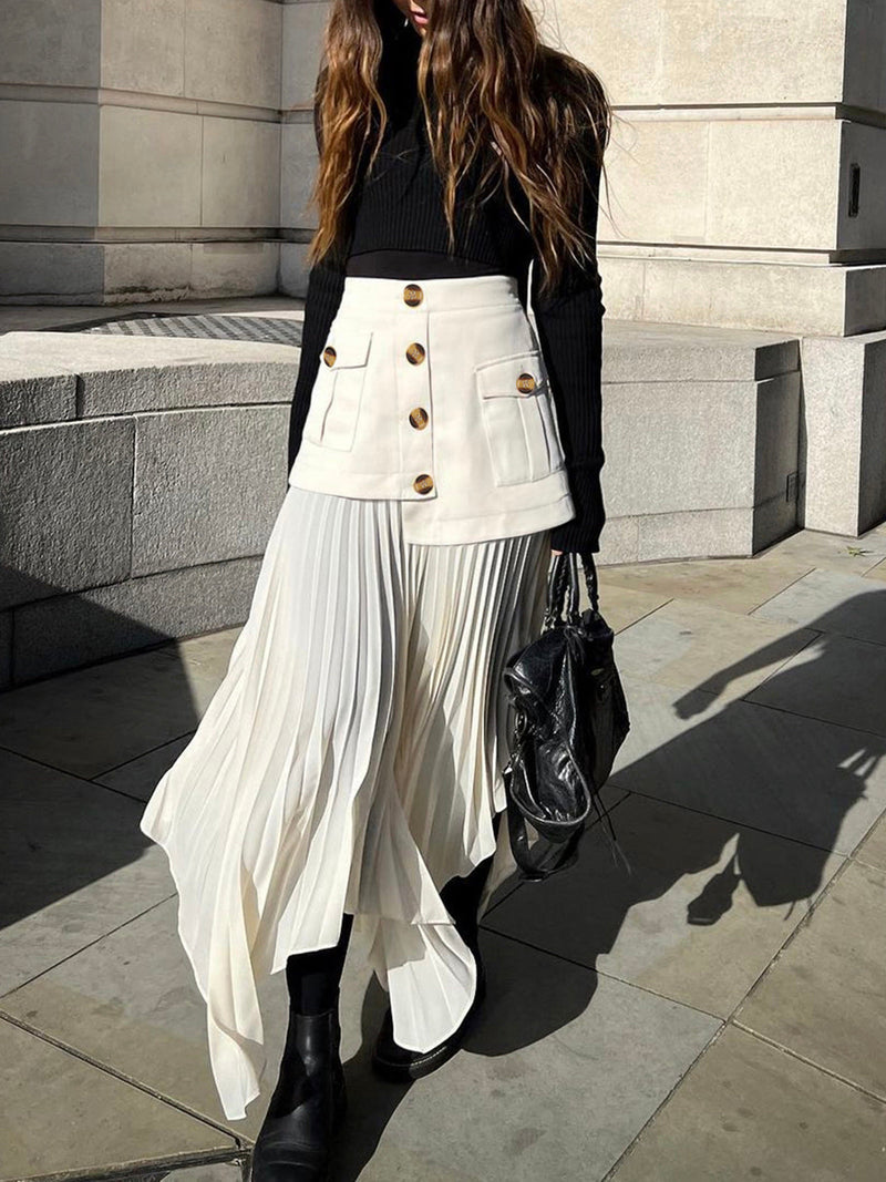 Lina – Moderne plisseret nederdel med lagdelt look og knapper foran