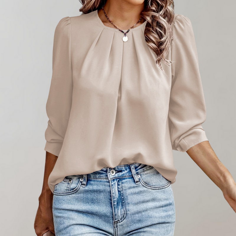 Emilia - Casual bluse med rund hals og lanterne lange ærmer