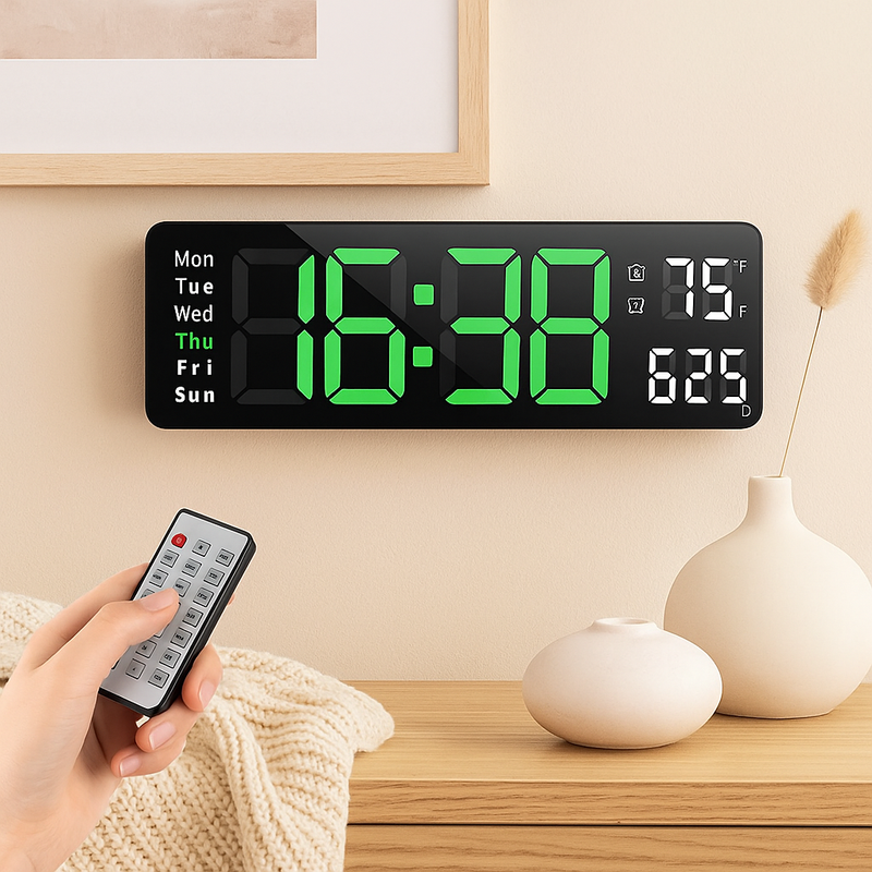 TimeGlow – LED Digital Vægur med Multifunktionelt Display og Fjernbetjening