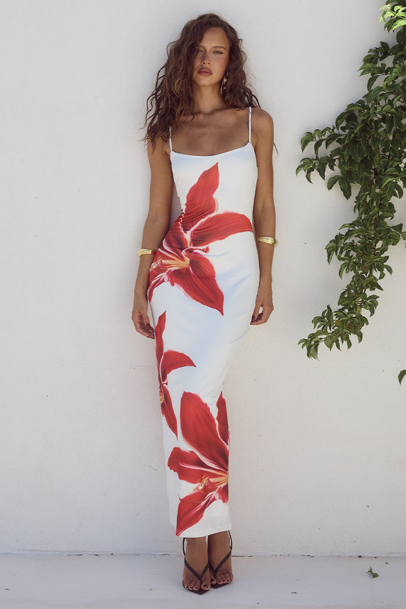 Leona - Ærmeløs bodycon kjole med spaghettistropper og blomsterprint