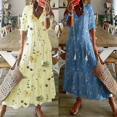 Emma - Blomstret boheme-maxikjole med V-udskæring