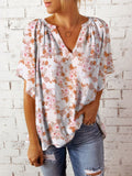 Tracy – Elegante bluse med blomstertryk med V udskæring og korte flydende ærmer