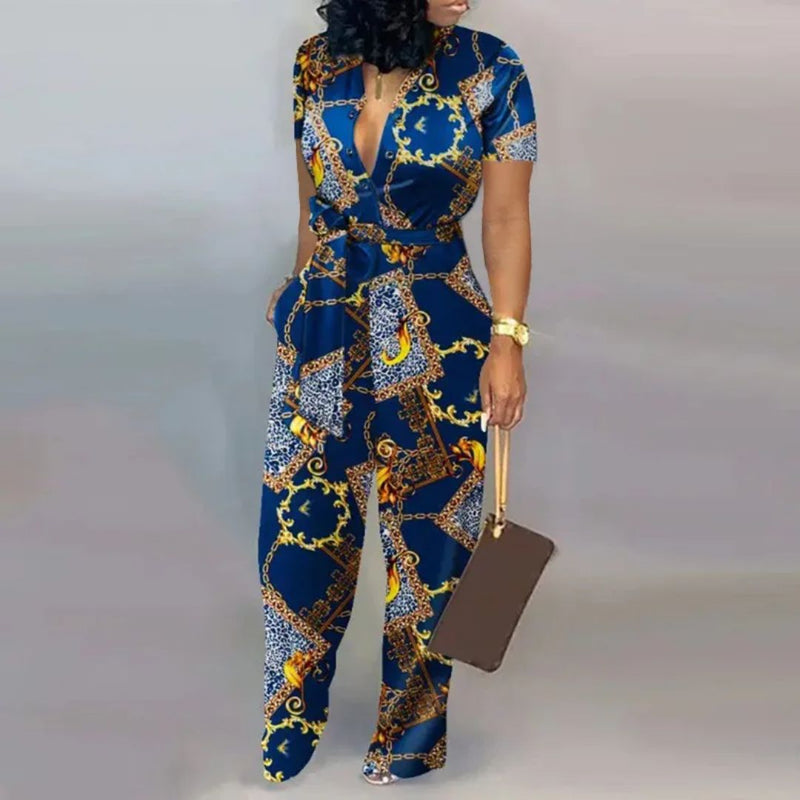 Sienna - Kortærmet jumpsuit med dyb V-hals og talje med bælte