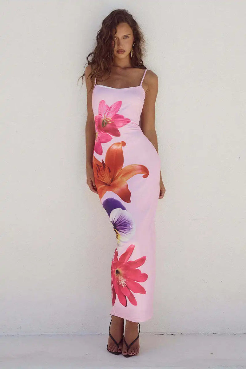 Leona - Ærmeløs bodycon kjole med spaghettistropper og blomsterprint