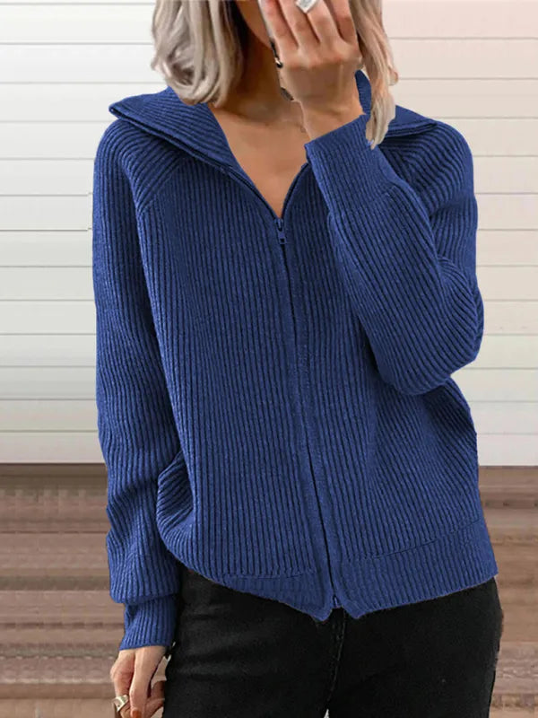 Samantha – Ribbet cardigan med lange ærmer og lynlåslukning